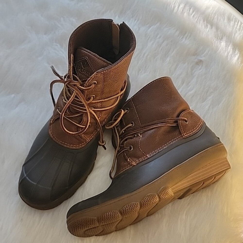 SPERRY Saltwater Tide Wedge Brown Leather Lace Up Zip‎ Preppy Rain Duck Boots 8